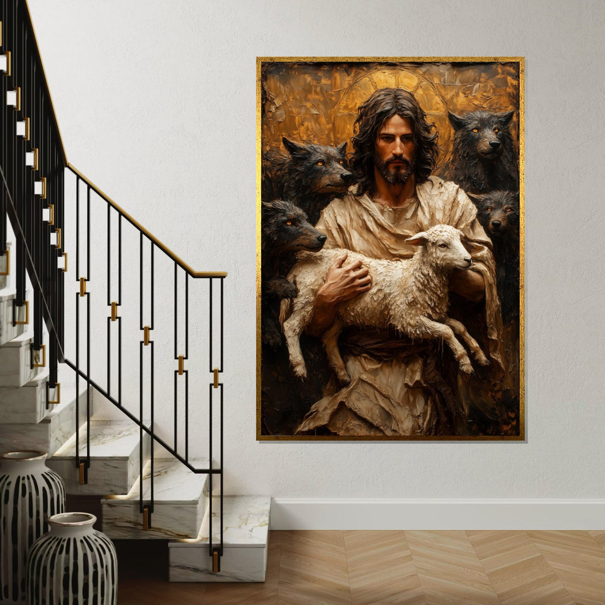 Heres a suitable name for the artwork Shepherd with Lamb Canvas, Spiritual Protector Art, Reflective Wall Canvas, Animal Painting, Wall