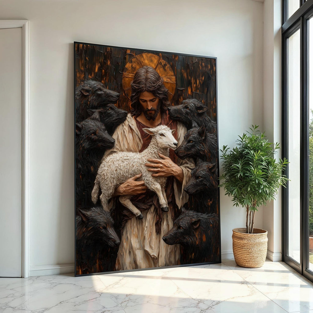 Divine Shepherd Canvas, Lamb and Wolves Art, Spiritual Wall Art, Jesus Art Canvas Design, Inspirational Decor, Ready to Hang