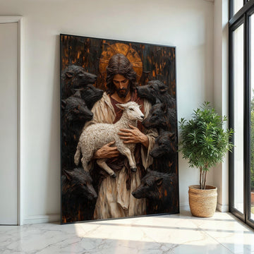 Divine Shepherd Canvas, Lamb and Wolves Art, Spiritual Wall Art, Jesus Art Canvas Design, Inspirational Decor, Ready to Hang