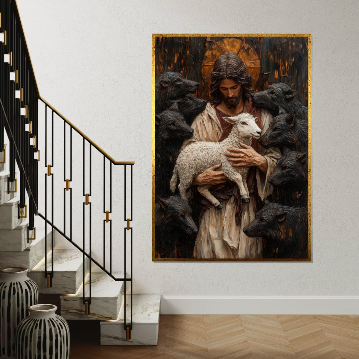 Divine Shepherd Canvas, Lamb and Wolves Art, Spiritual Wall Art, Jesus Art Canvas Design, Inspirational Decor, Ready to Hang