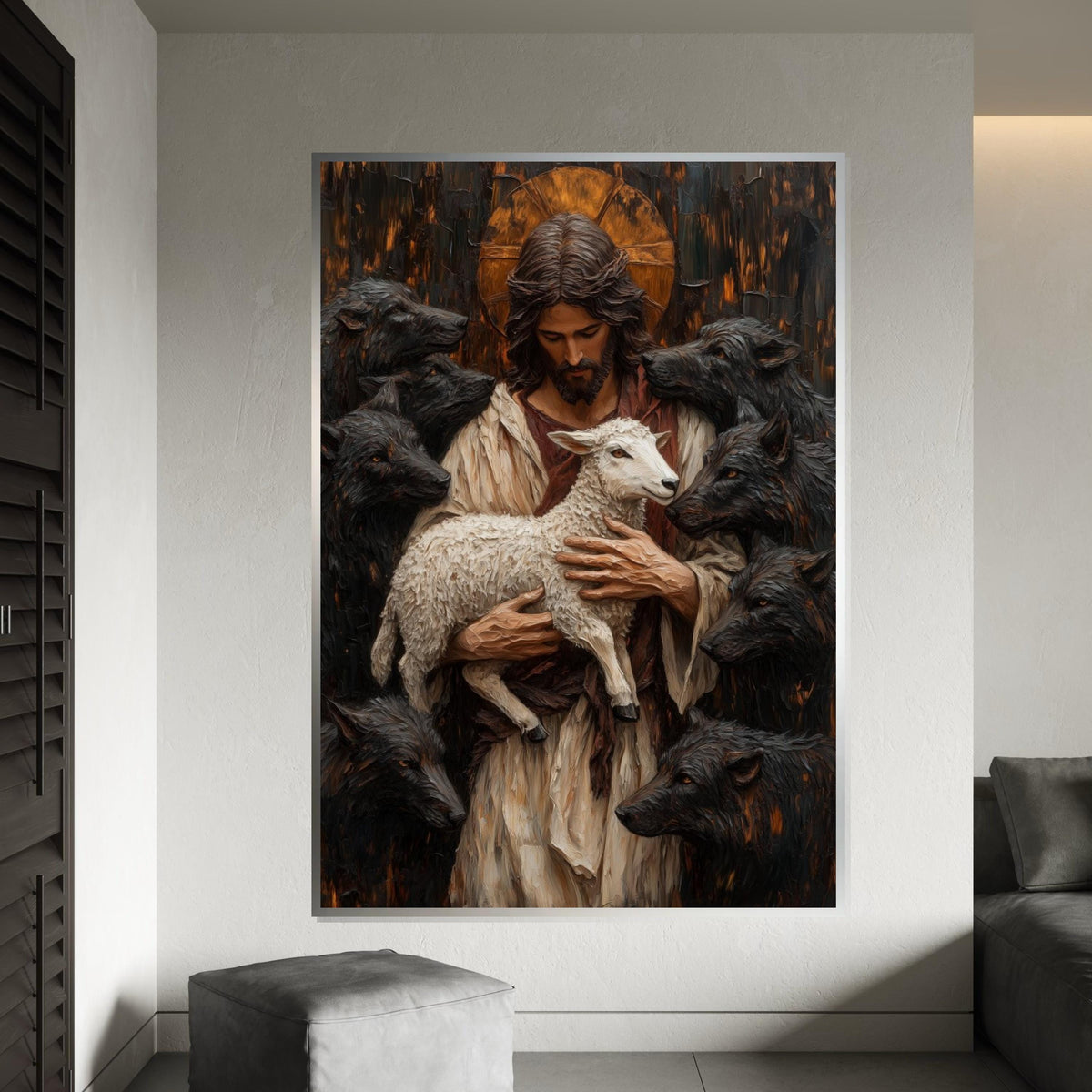 Divine Shepherd Canvas, Lamb and Wolves Art, Spiritual Wall Art, Jesus Art Canvas Design, Inspirational Decor, Ready to Hang