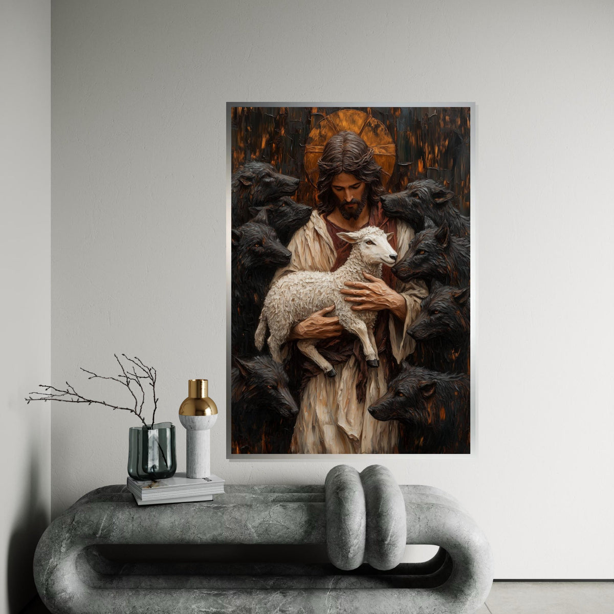Divine Shepherd Canvas, Lamb and Wolves Art, Spiritual Wall Art, Jesus Art Canvas Design, Inspirational Decor, Ready to Hang