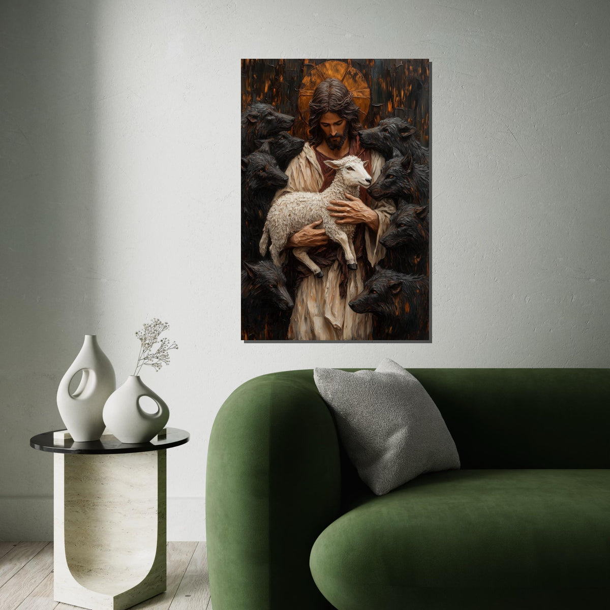 Divine Shepherd Canvas, Lamb and Wolves Art, Spiritual Wall Art, Jesus Art Canvas Design, Inspirational Decor, Ready to Hang