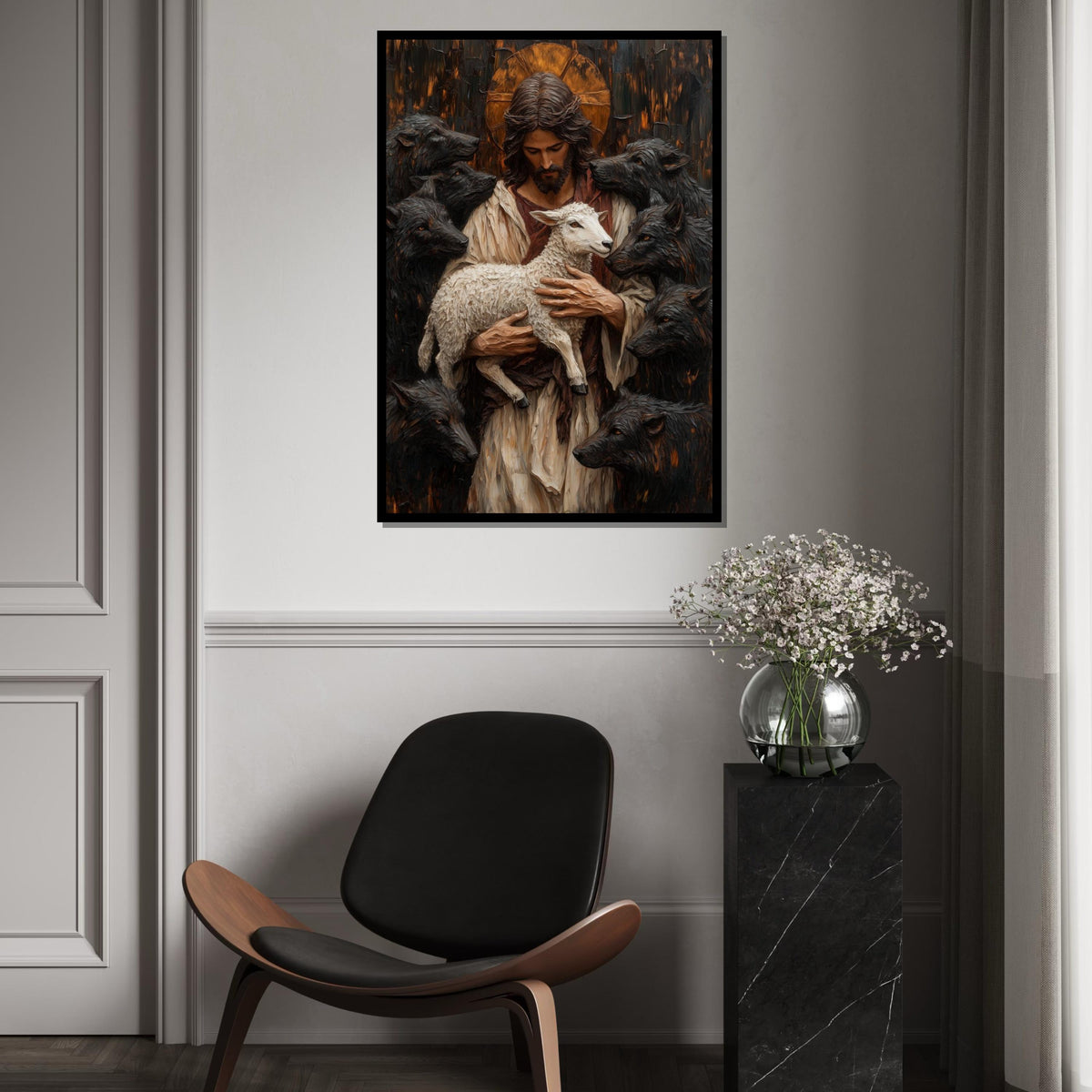 Divine Shepherd Canvas, Lamb and Wolves Art, Spiritual Wall Art, Jesus Art Canvas Design, Inspirational Decor, Ready to Hang