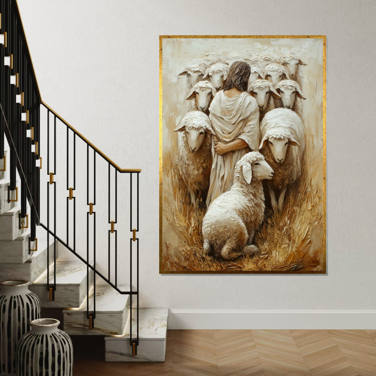 Shepherd with Sheep Canvas, Spiritual Wall Art, Jesus Artwork, Pastoral Scene, Canvas Wall Art Design, Ready to Hang Decoration