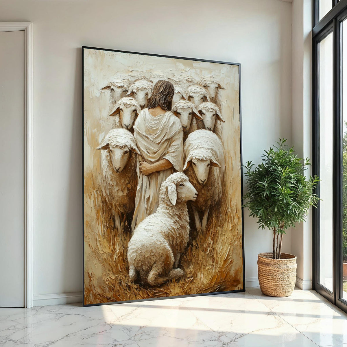 Shepherd with Sheep Canvas, Spiritual Wall Art, Jesus Artwork, Pastoral Scene, Canvas Wall Art Design, Ready to Hang Decoration
