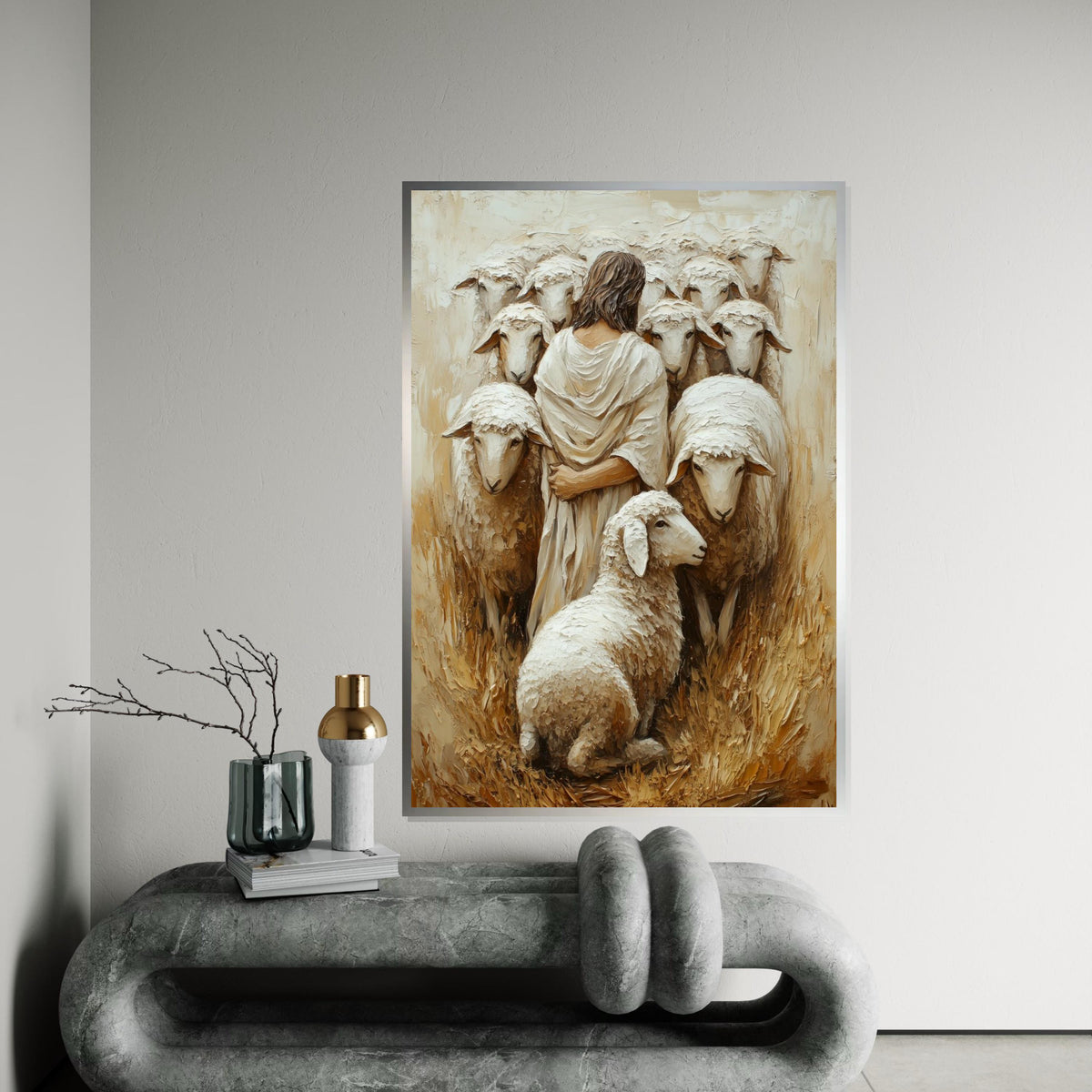 Shepherd with Sheep Canvas, Spiritual Wall Art, Jesus Artwork, Pastoral Scene, Canvas Wall Art Design, Ready to Hang Decoration