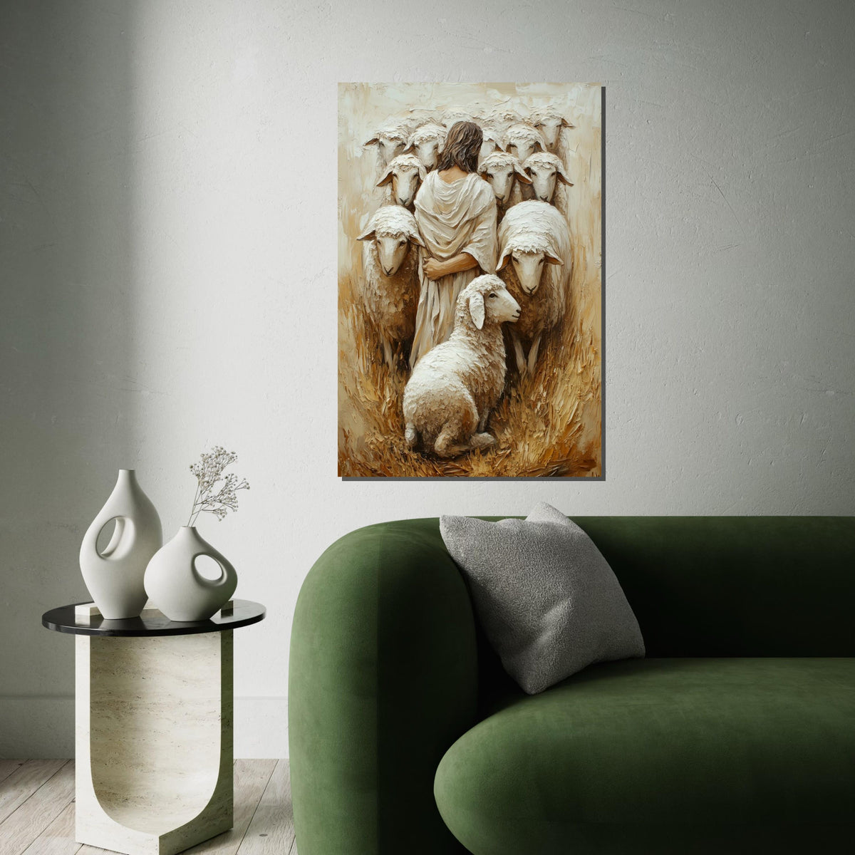 Shepherd with Sheep Canvas, Spiritual Wall Art, Jesus Artwork, Pastoral Scene, Canvas Wall Art Design, Ready to Hang Decoration