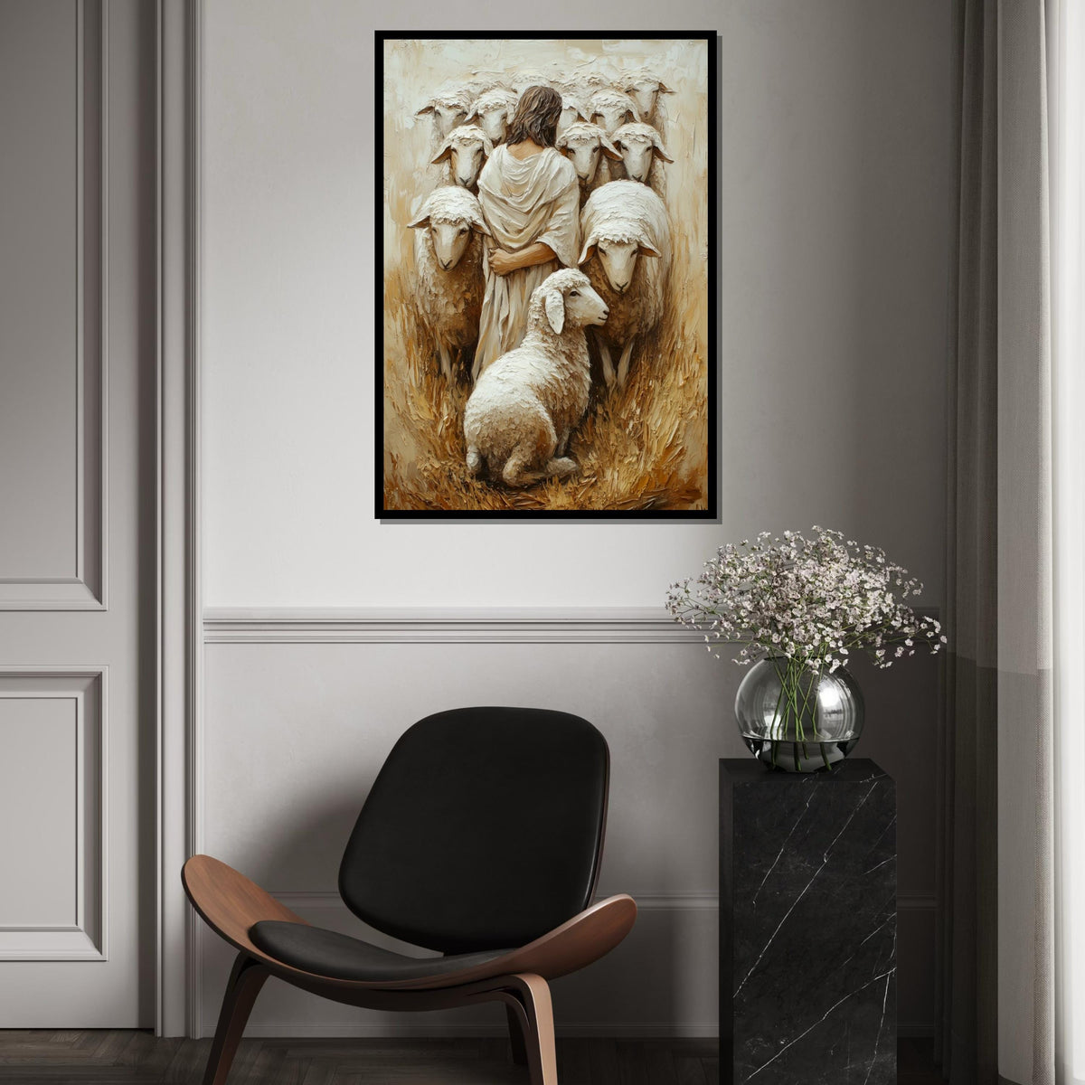 Shepherd with Sheep Canvas, Spiritual Wall Art, Jesus Artwork, Pastoral Scene, Canvas Wall Art Design, Ready to Hang Decoration
