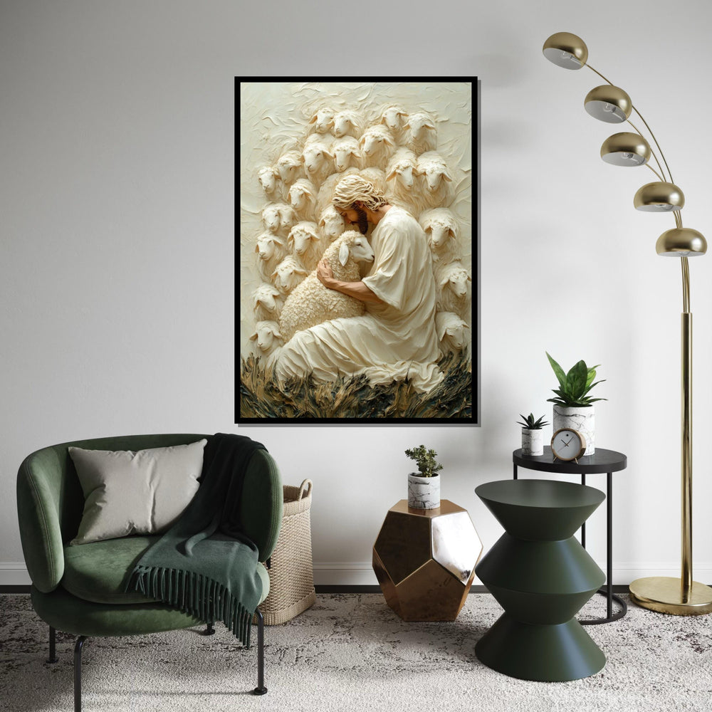 Shepherd Embrace Canvas, Jesus with Sheep Art, Gentle Shepherd Wall Art, Faithful Savior Canvas, Wall Art Design, Ready to Hang Decoration