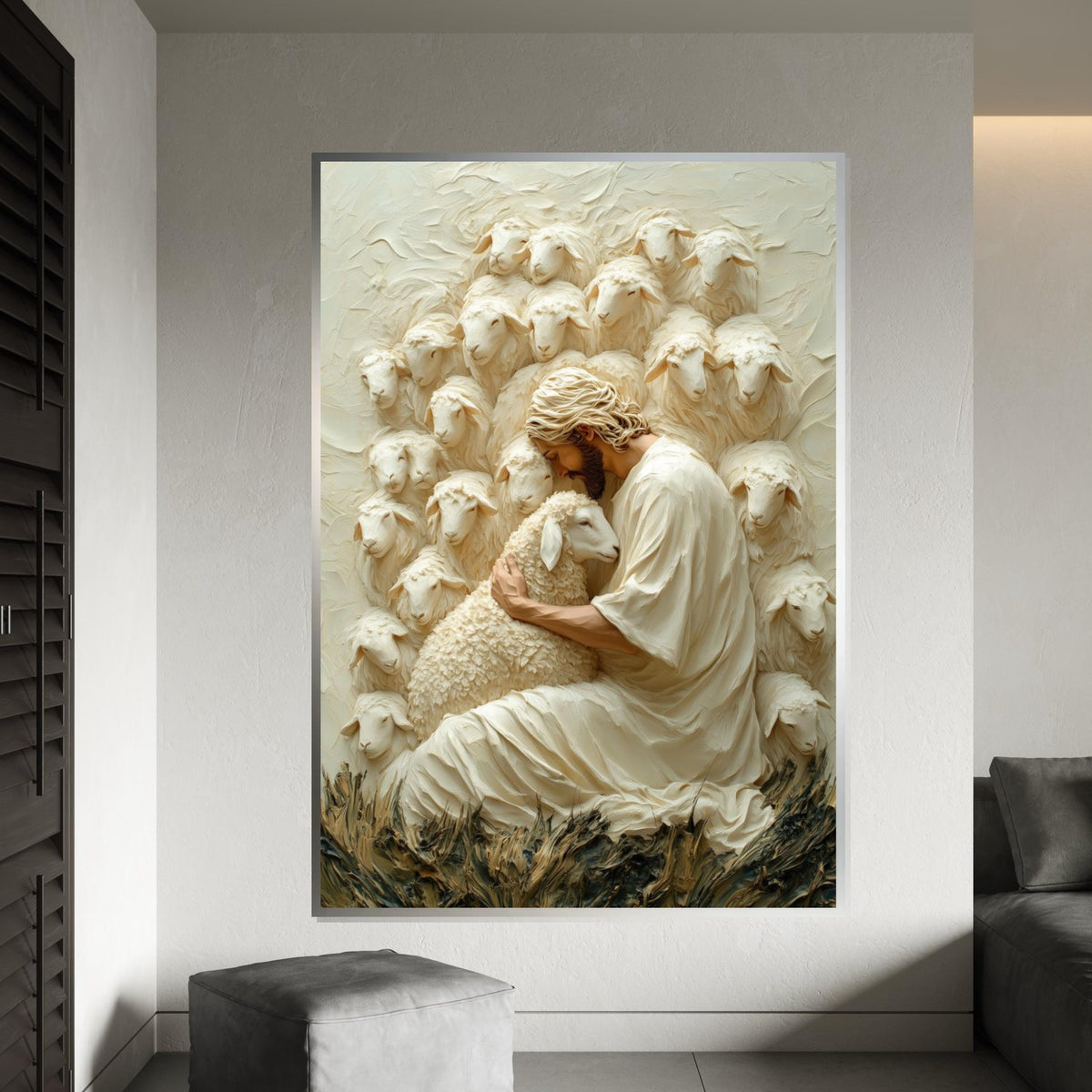 Shepherd Embrace Canvas, Jesus with Sheep Art, Gentle Shepherd Wall Art, Faithful Savior Canvas, Wall Art Design, Ready to Hang Decoration