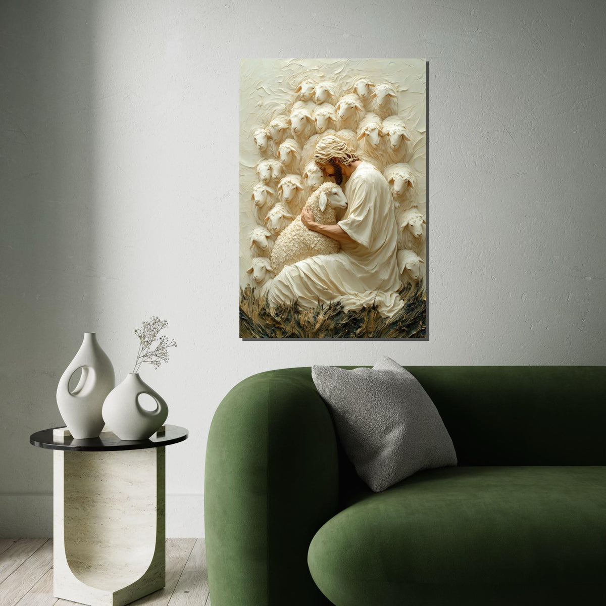Shepherd Embrace Canvas, Jesus with Sheep Art, Gentle Shepherd Wall Art, Faithful Savior Canvas, Wall Art Design, Ready to Hang Decoration