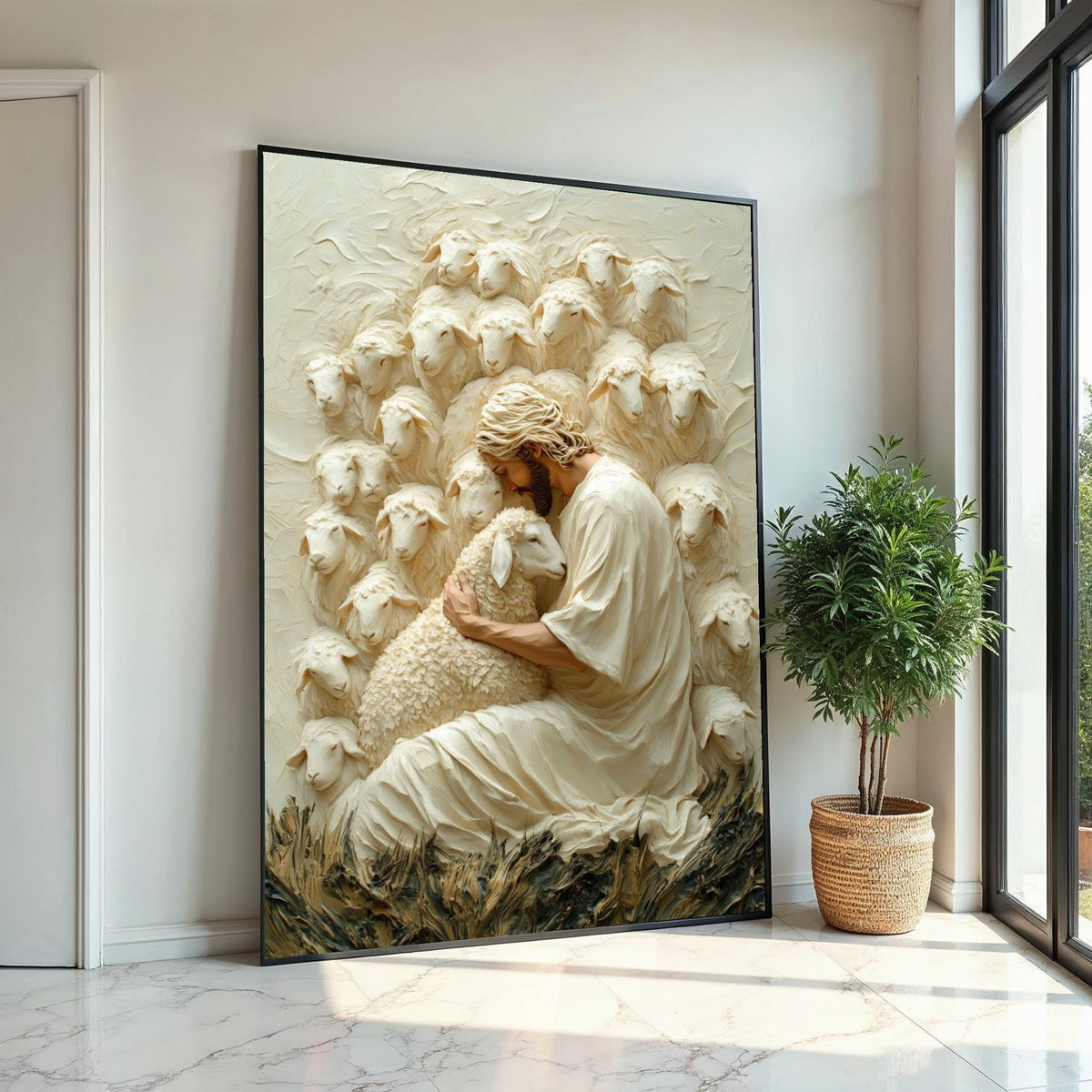 Shepherd Embrace Canvas, Jesus with Sheep Art, Gentle Shepherd Wall Art, Faithful Savior Canvas, Wall Art Design, Ready to Hang Decoration