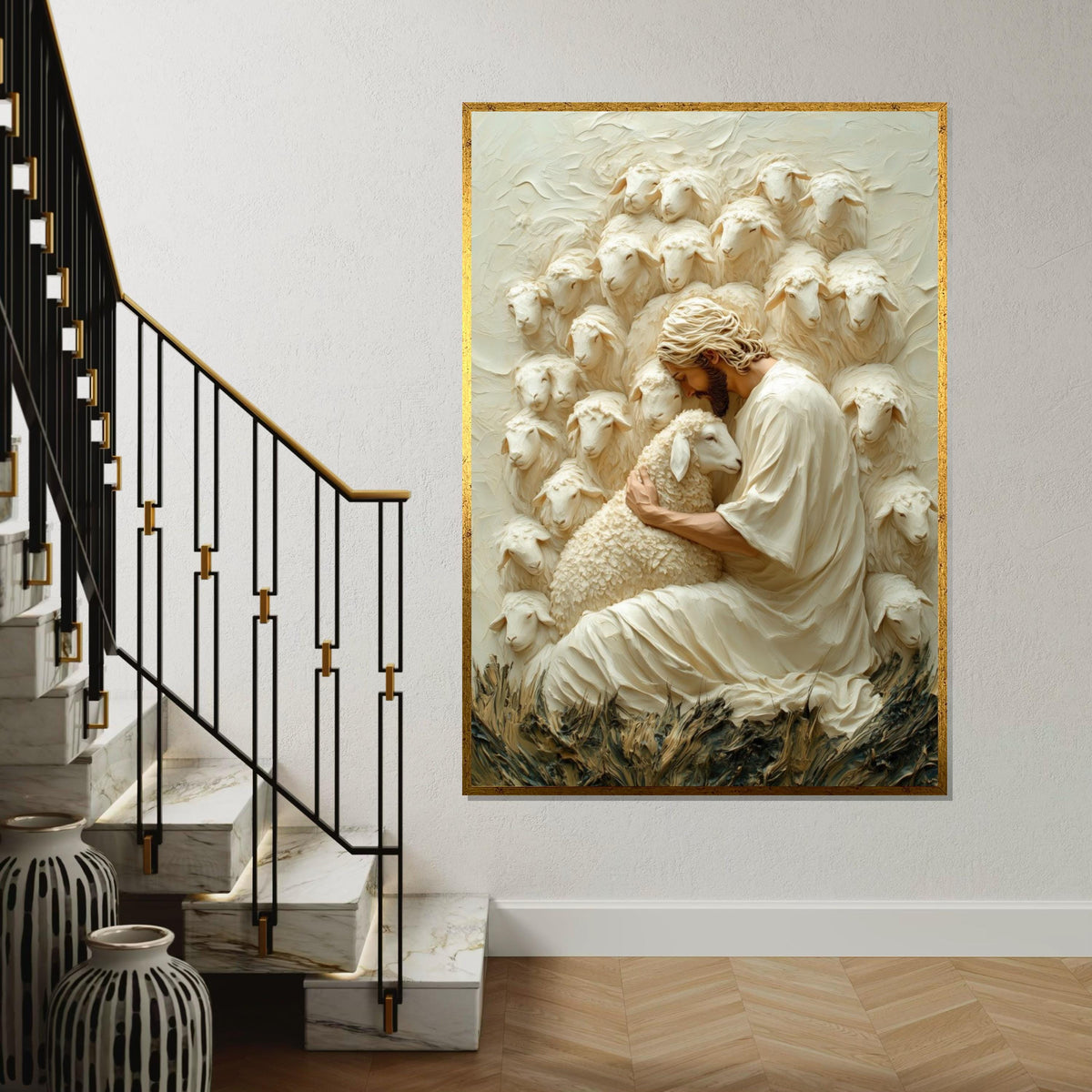 Shepherd Embrace Canvas, Jesus with Sheep Art, Gentle Shepherd Wall Art, Faithful Savior Canvas, Wall Art Design, Ready to Hang Decoration