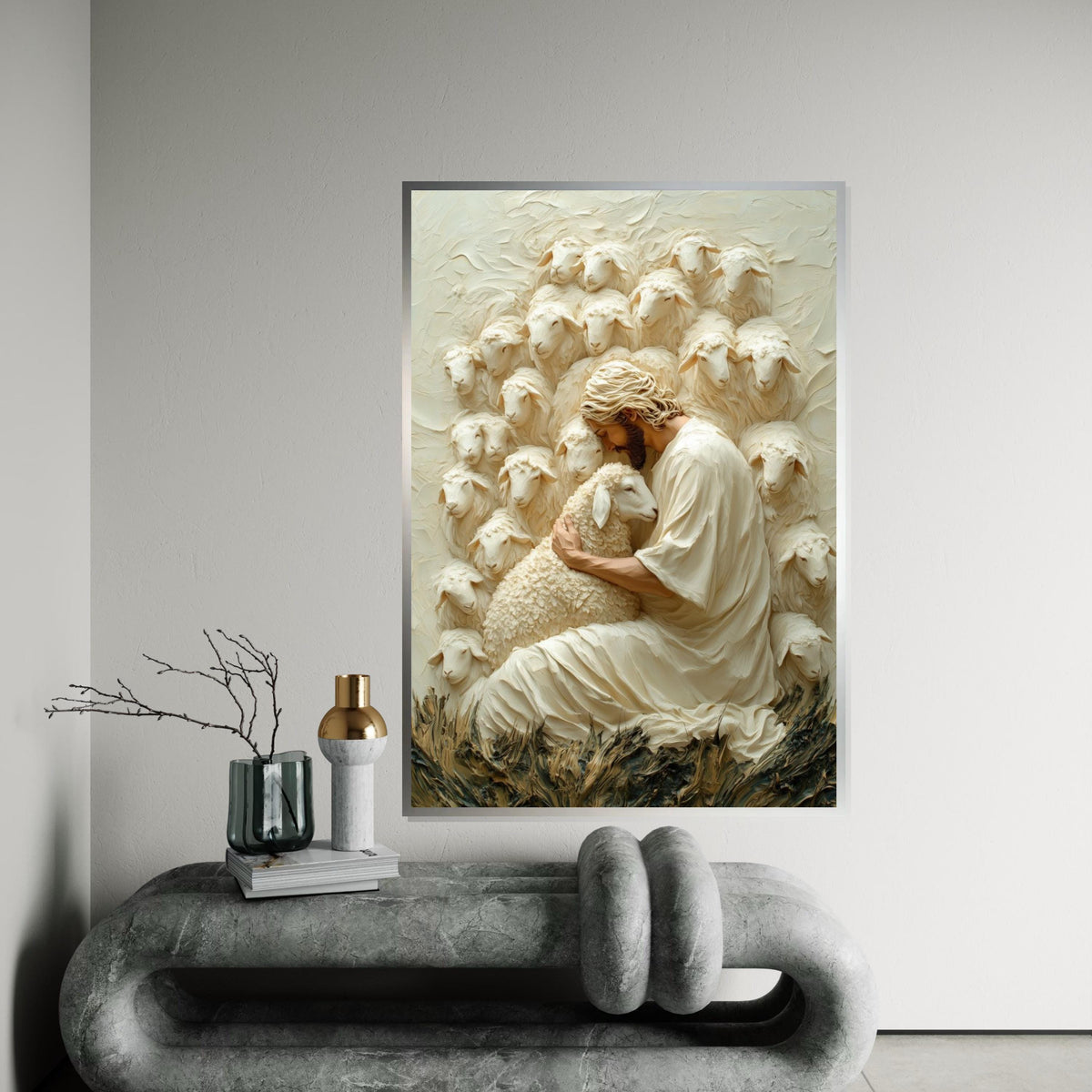 Shepherd Embrace Canvas, Jesus with Sheep Art, Gentle Shepherd Wall Art, Faithful Savior Canvas, Wall Art Design, Ready to Hang Decoration