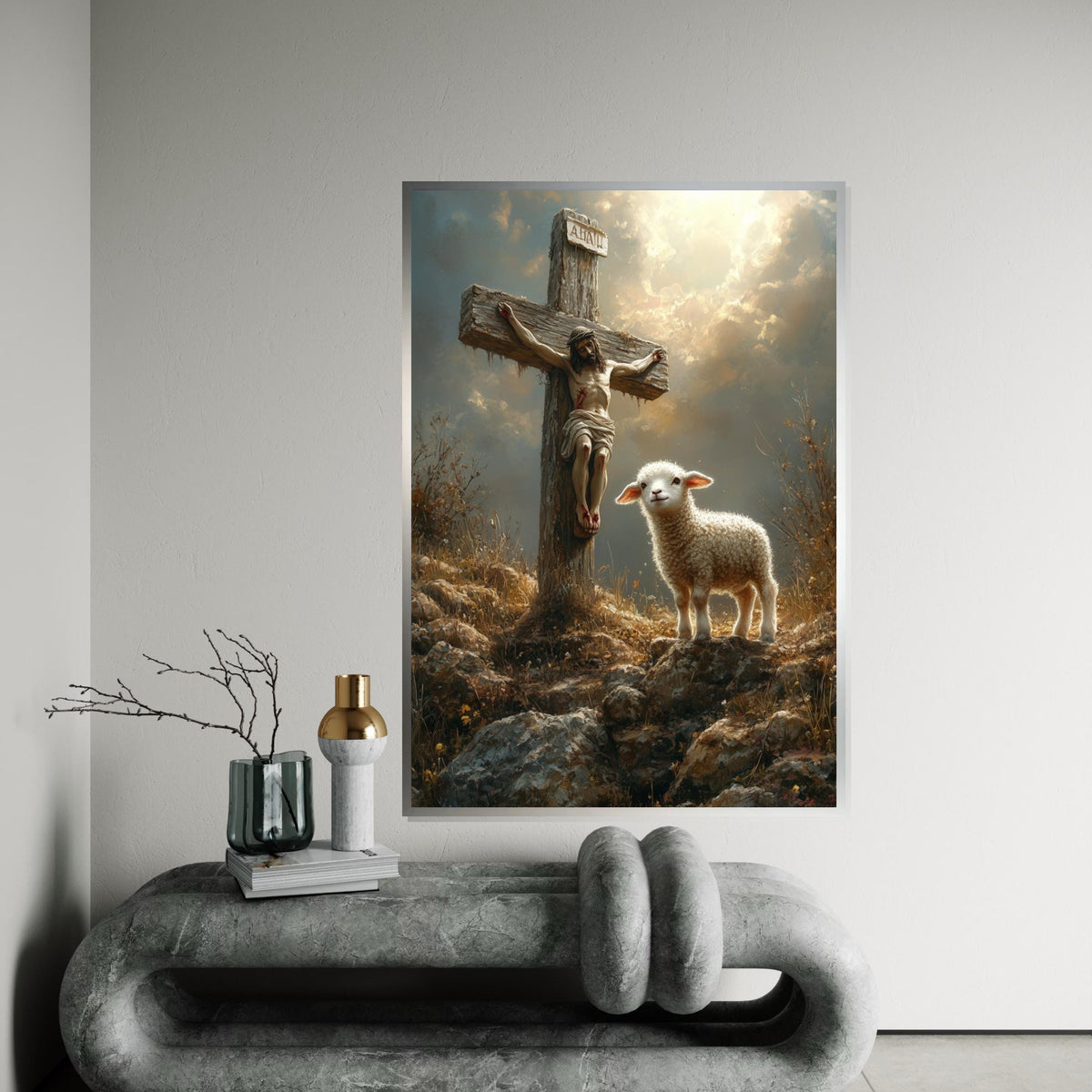 Sacred Lamb  Cross Canvas, Spiritual Scene Art, Jesus  Lamb Wall Print, Religious Canvas Design, Ready To Hang Wall Decoration