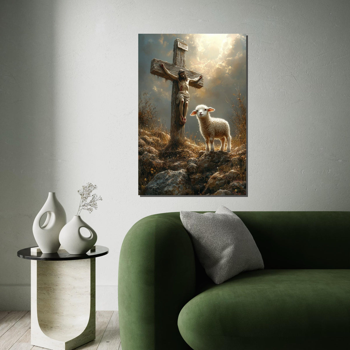 Sacred Lamb  Cross Canvas, Spiritual Scene Art, Jesus  Lamb Wall Print, Religious Canvas Design, Ready To Hang Wall Decoration