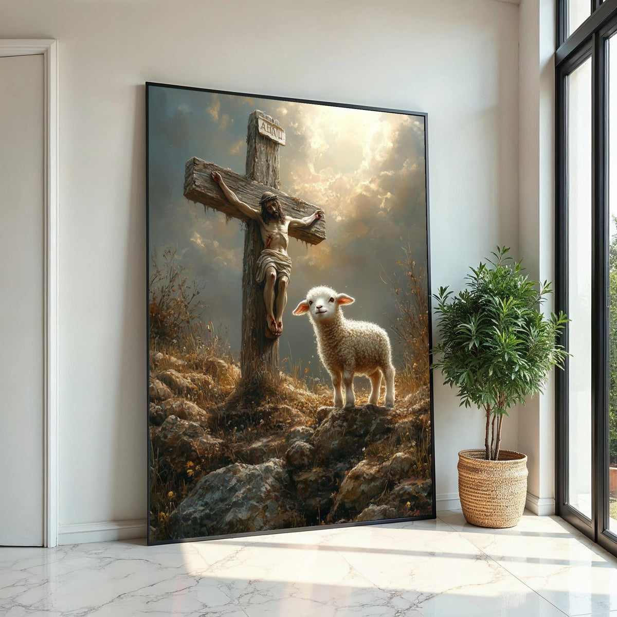 Sacred Lamb  Cross Canvas, Spiritual Scene Art, Jesus  Lamb Wall Print, Religious Canvas Design, Ready To Hang Wall Decoration