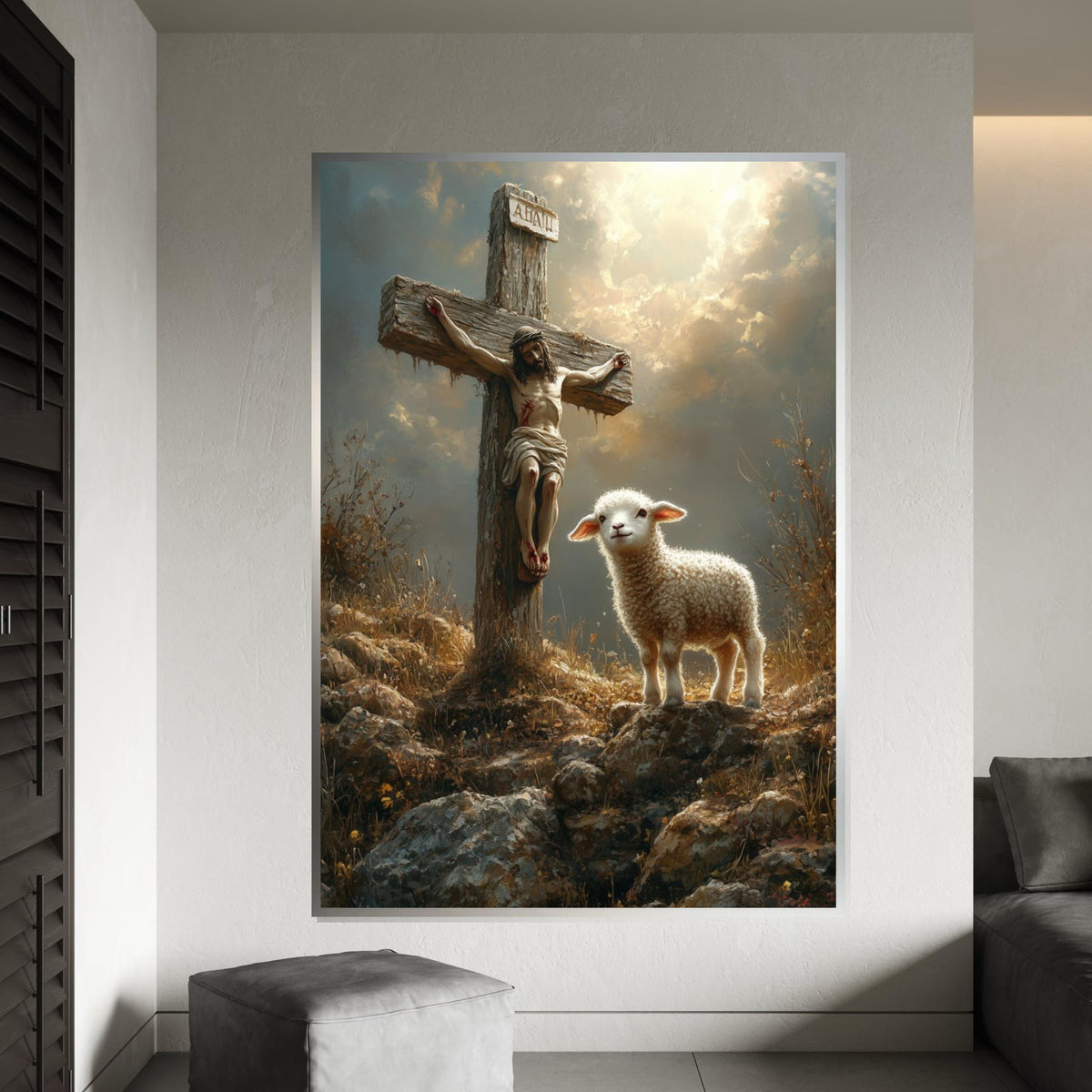 Sacred Lamb  Cross Canvas, Spiritual Scene Art, Jesus  Lamb Wall Print, Religious Canvas Design, Ready To Hang Wall Decoration