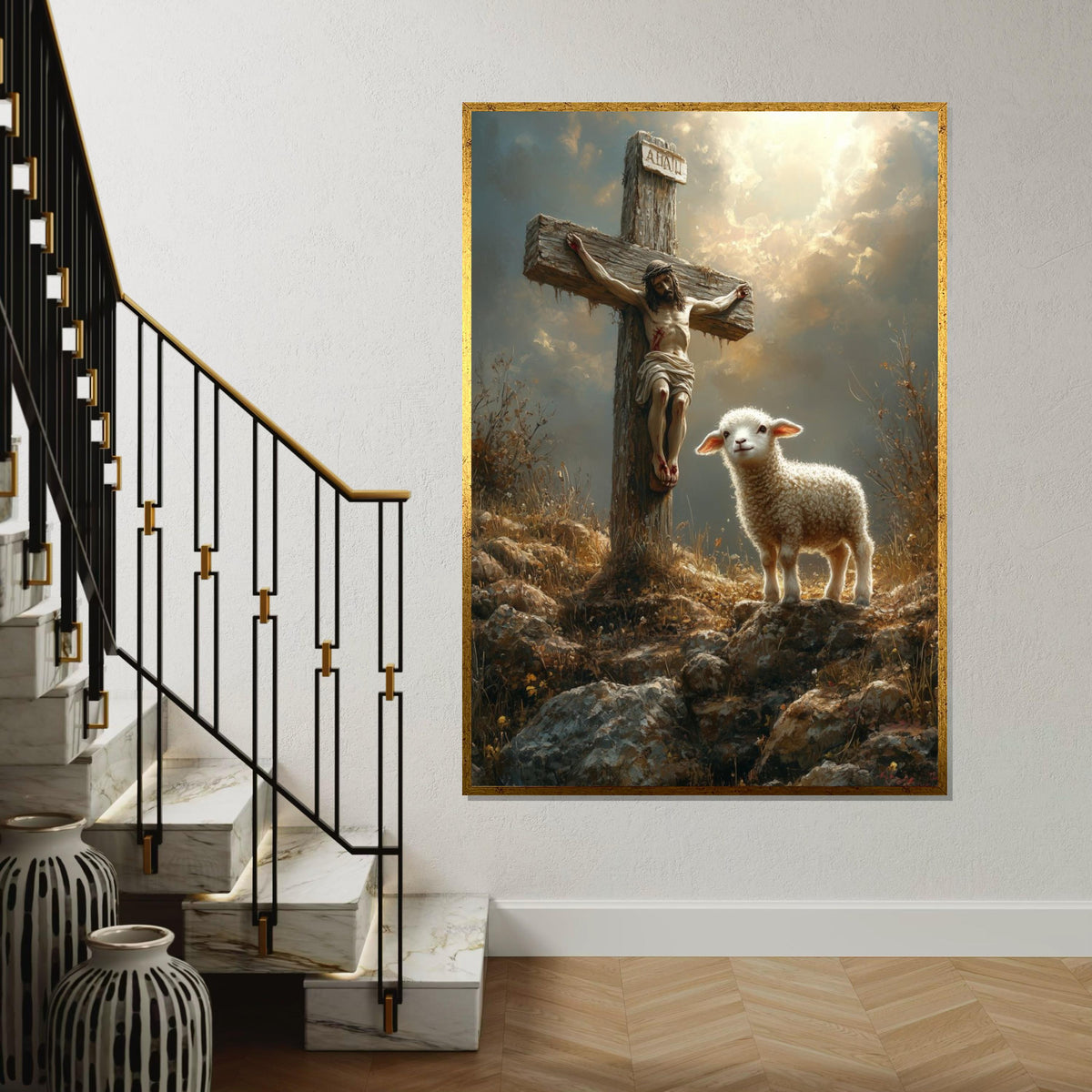 Sacred Lamb  Cross Canvas, Spiritual Scene Art, Jesus  Lamb Wall Print, Religious Canvas Design, Ready To Hang Wall Decoration