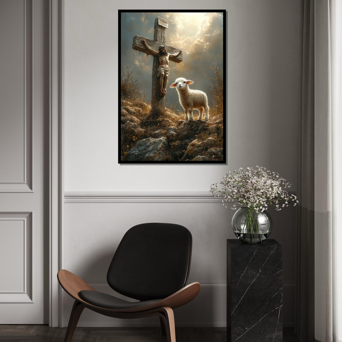 Sacred Lamb  Cross Canvas, Spiritual Scene Art, Jesus  Lamb Wall Print, Religious Canvas Design, Ready To Hang Wall Decoration