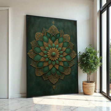 Green Gold Mandala Canvas, Intricate Floral Wall Art, Mandala Design, Boho Decor, Wall Art Canvas Design, Ready To Hang Home Decor