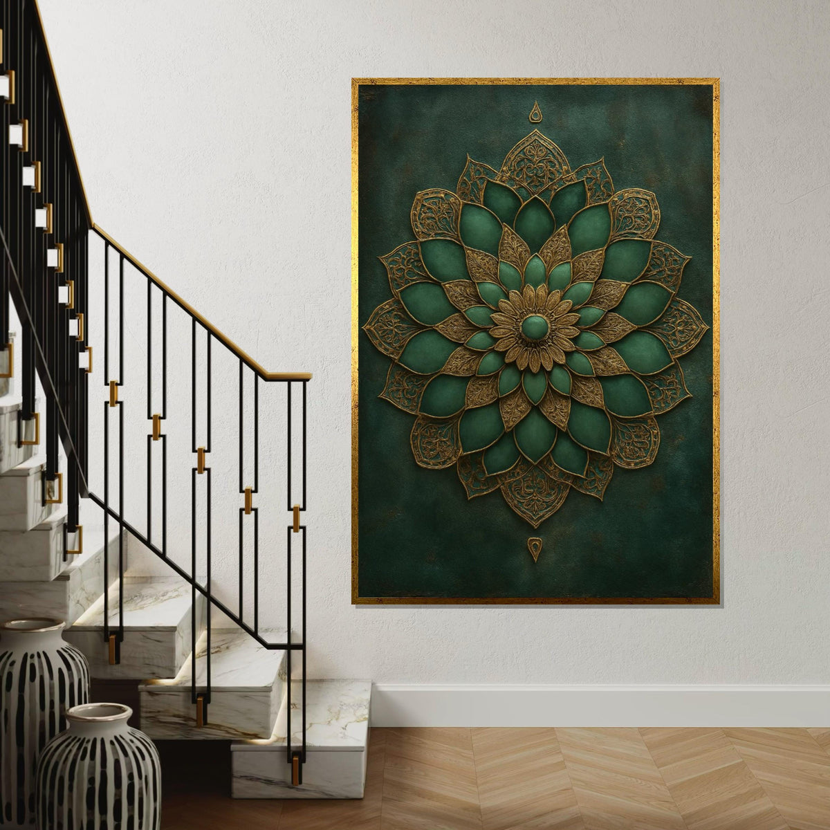 Green Gold Mandala Canvas, Intricate Floral Wall Art, Mandala Design, Boho Decor, Wall Art Canvas Design, Ready To Hang Home Decor