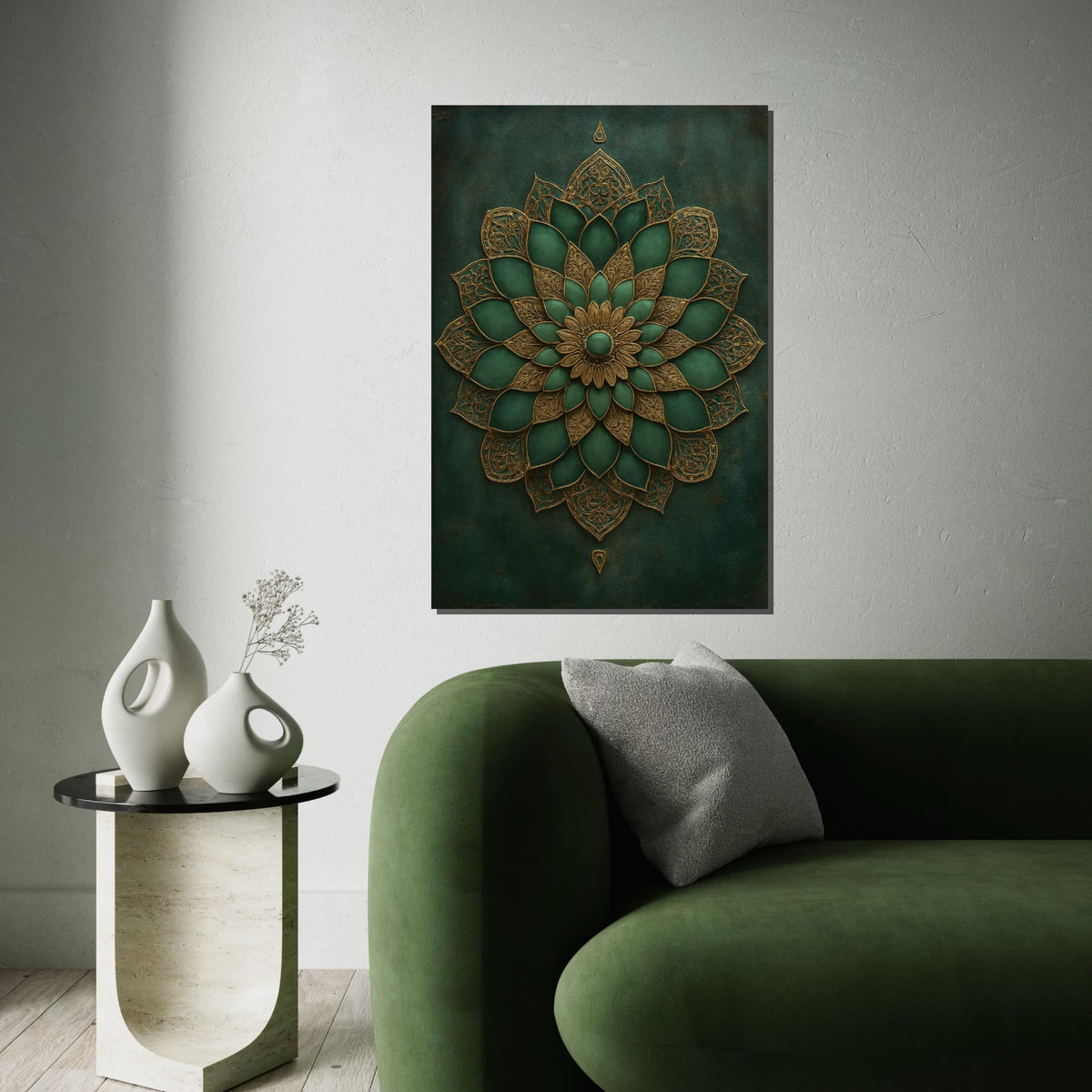 Green Gold Mandala Canvas, Intricate Floral Wall Art, Mandala Design, Boho Decor, Wall Art Canvas Design, Ready To Hang Home Decor