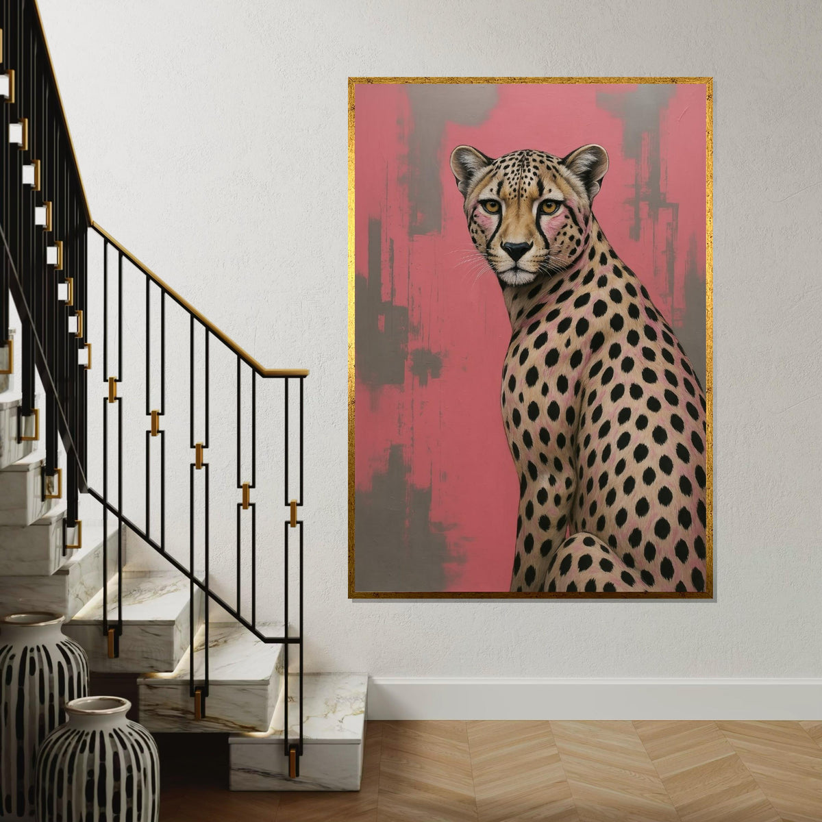 Elegant Cheetah Canvas, Modern Animal Art, Pink Cheetah Wall Print, Animal Poster, Wall Art Canvas Design, Ready To Hang Decoration