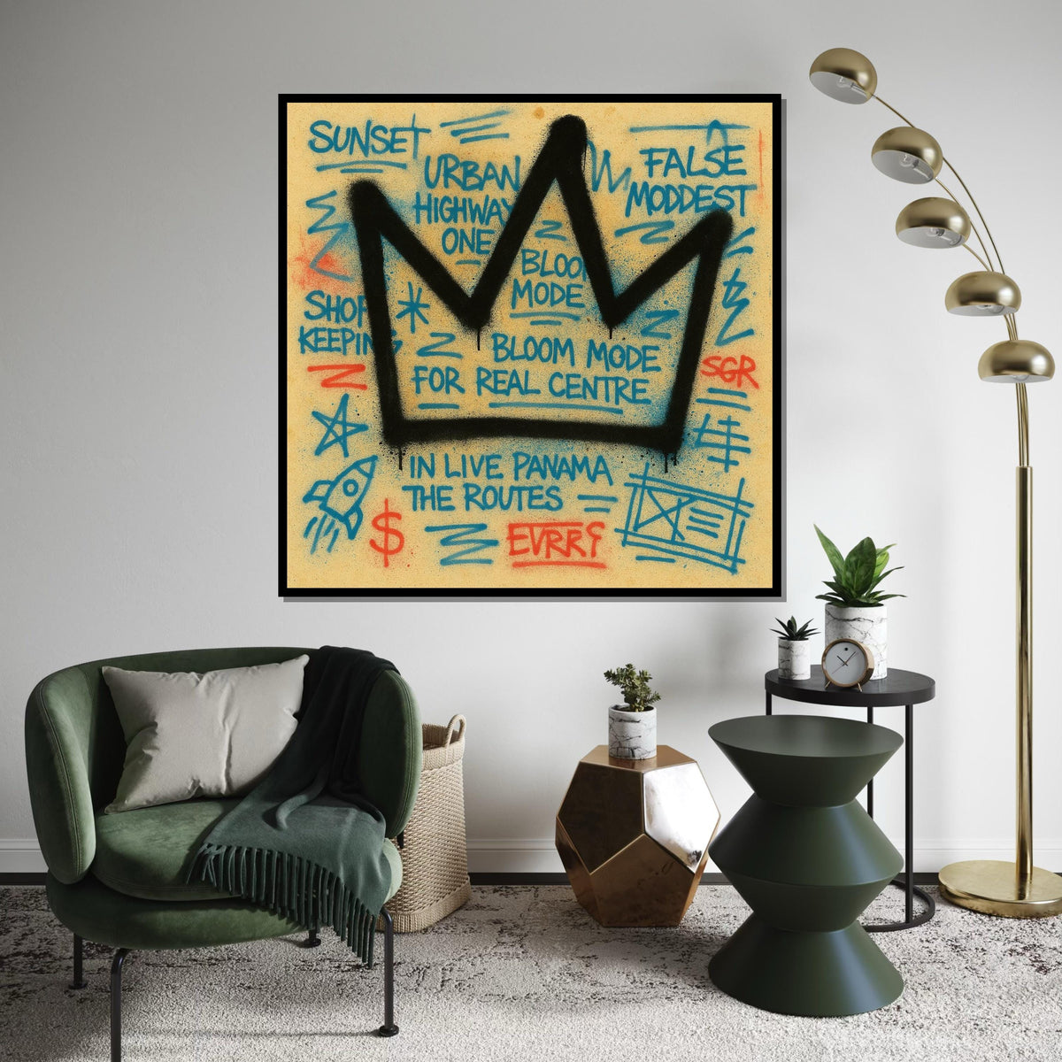 Crown Graffiti Canvas, Urban Art Style, Street Art Print, Wall Art Canvas Design, Ready To Hang Decoration, Expressive Tags, Bold Colors