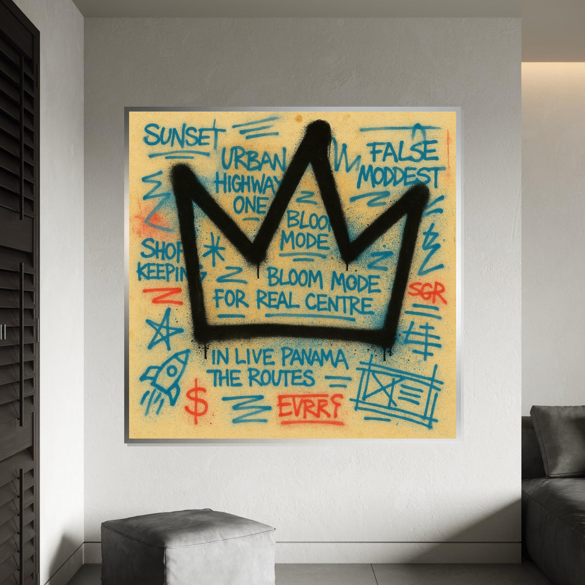 Crown Graffiti Canvas, Urban Art Style, Street Art Print, Wall Art Canvas Design, Ready To Hang Decoration, Expressive Tags, Bold Colors