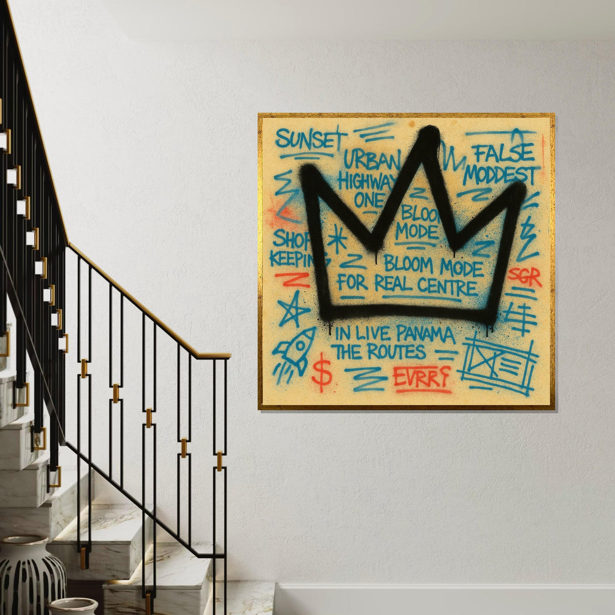 Crown Graffiti Canvas, Urban Art Style, Street Art Print, Wall Art Canvas Design, Ready To Hang Decoration, Expressive Tags, Bold Colors