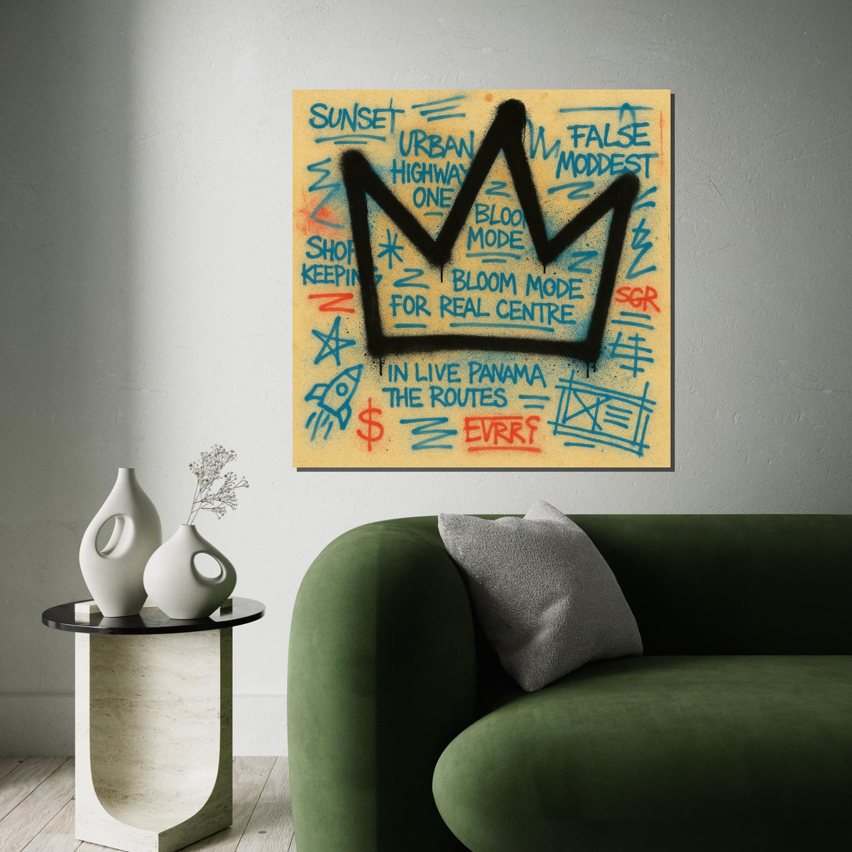 Crown Graffiti Canvas, Urban Art Style, Street Art Print, Wall Art Canvas Design, Ready To Hang Decoration, Expressive Tags, Bold Colors