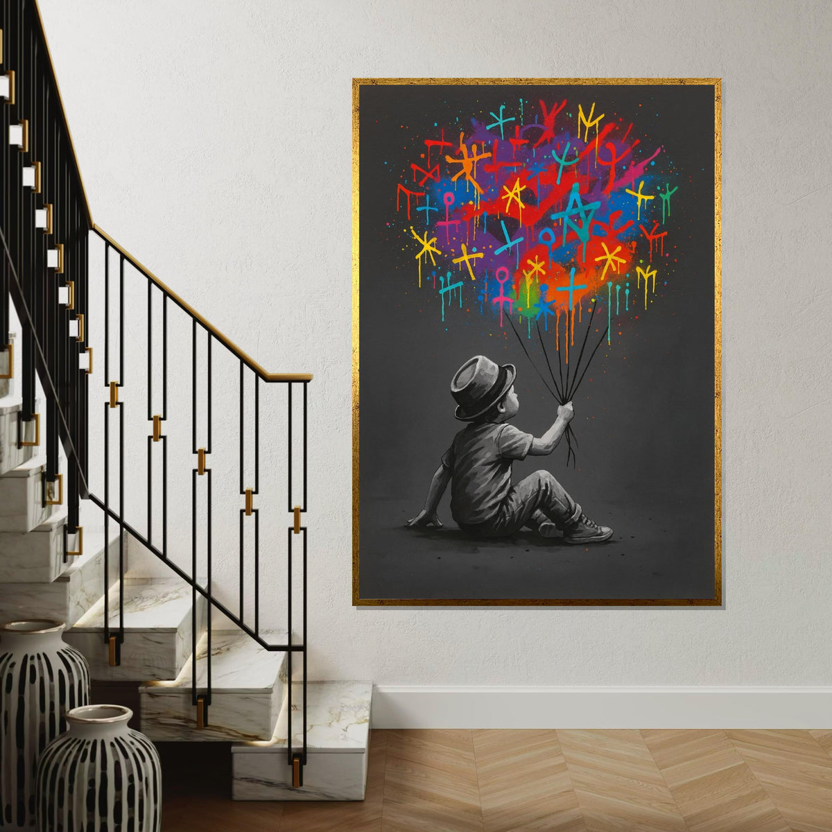 Child with Vibrant Symbols, Colorful Balloon Canvas, Wall Art Canvas Design, Ready to Hang Decoration, Modern Graffiti Art