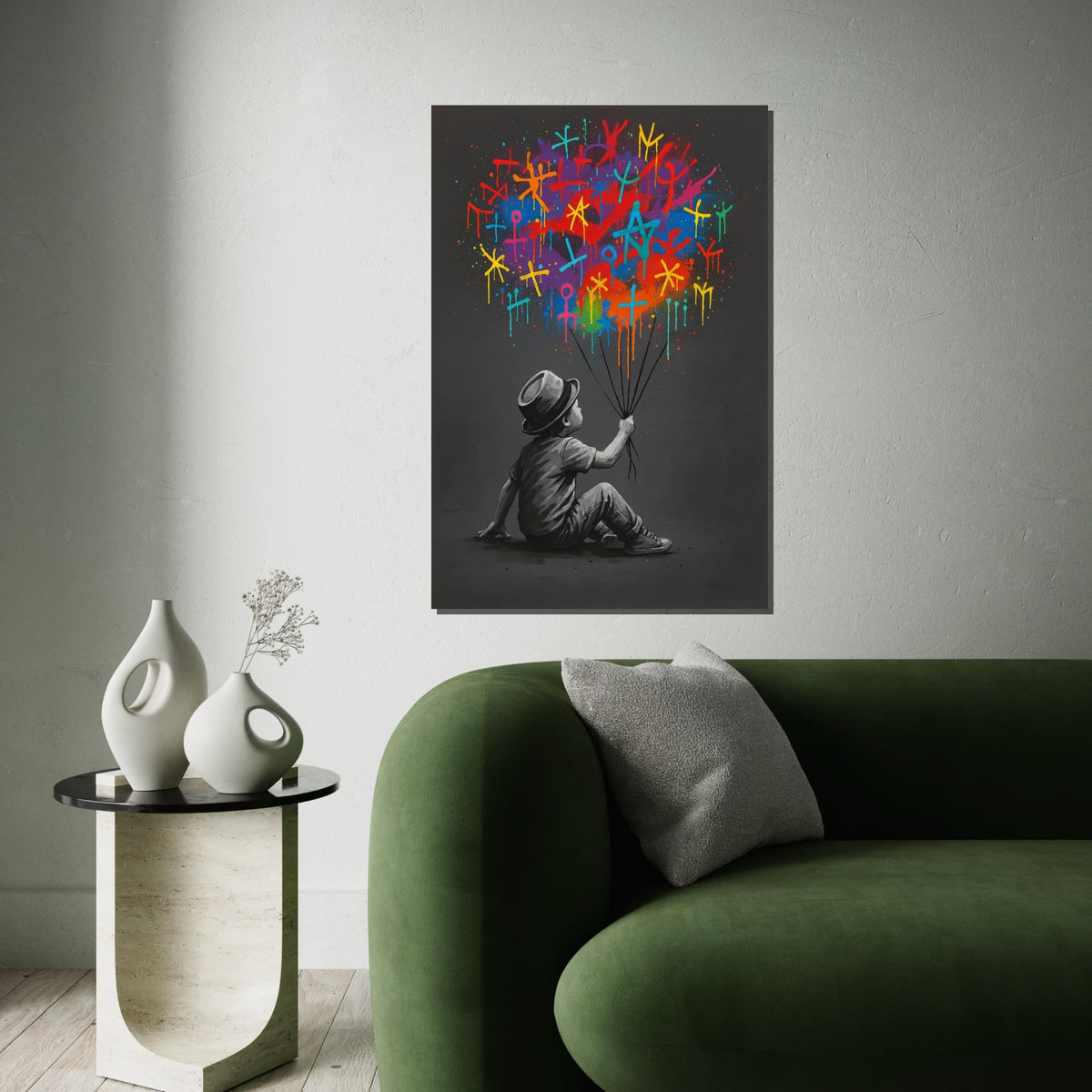 Child with Vibrant Symbols, Colorful Balloon Canvas, Wall Art Canvas Design, Ready to Hang Decoration, Modern Graffiti Art