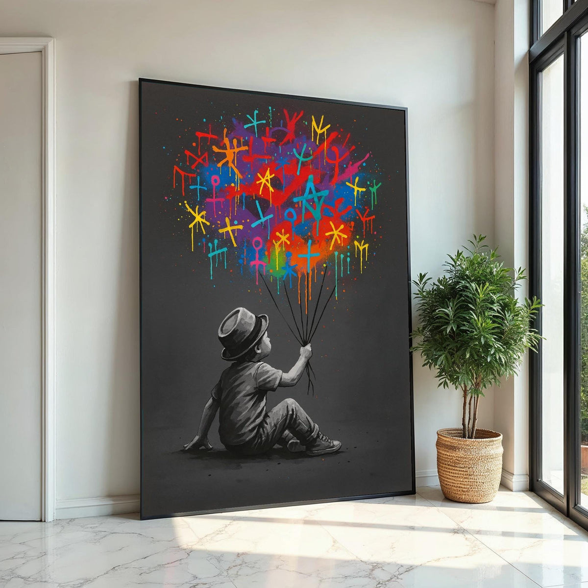 Child with Vibrant Symbols, Colorful Balloon Canvas, Wall Art Canvas Design, Ready to Hang Decoration, Modern Graffiti Art