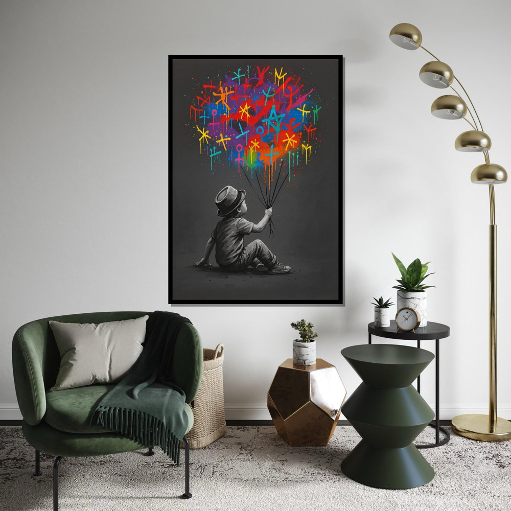 Child with Vibrant Symbols, Colorful Balloon Canvas, Wall Art Canvas Design, Ready to Hang Decoration, Modern Graffiti Art