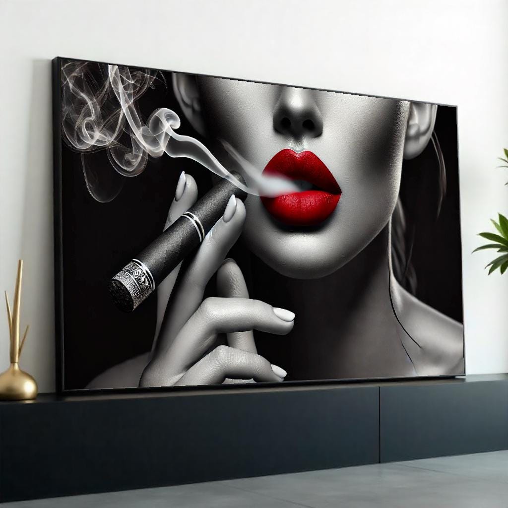 Red Lips Smoking Cigar Canvas, Stylish Portrait Art, Monochrome Red Lips, Wall Art Canvas Design, Ready To Hang Decoration