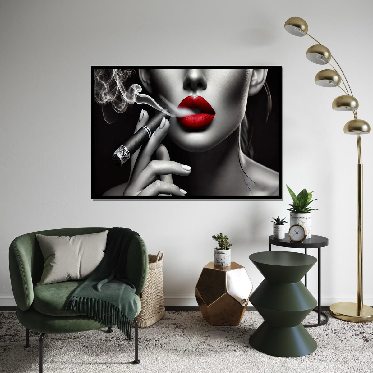 Red Lips Smoking Cigar Canvas, Stylish Portrait Art, Monochrome Red Lips, Wall Art Canvas Design, Ready To Hang Decoration