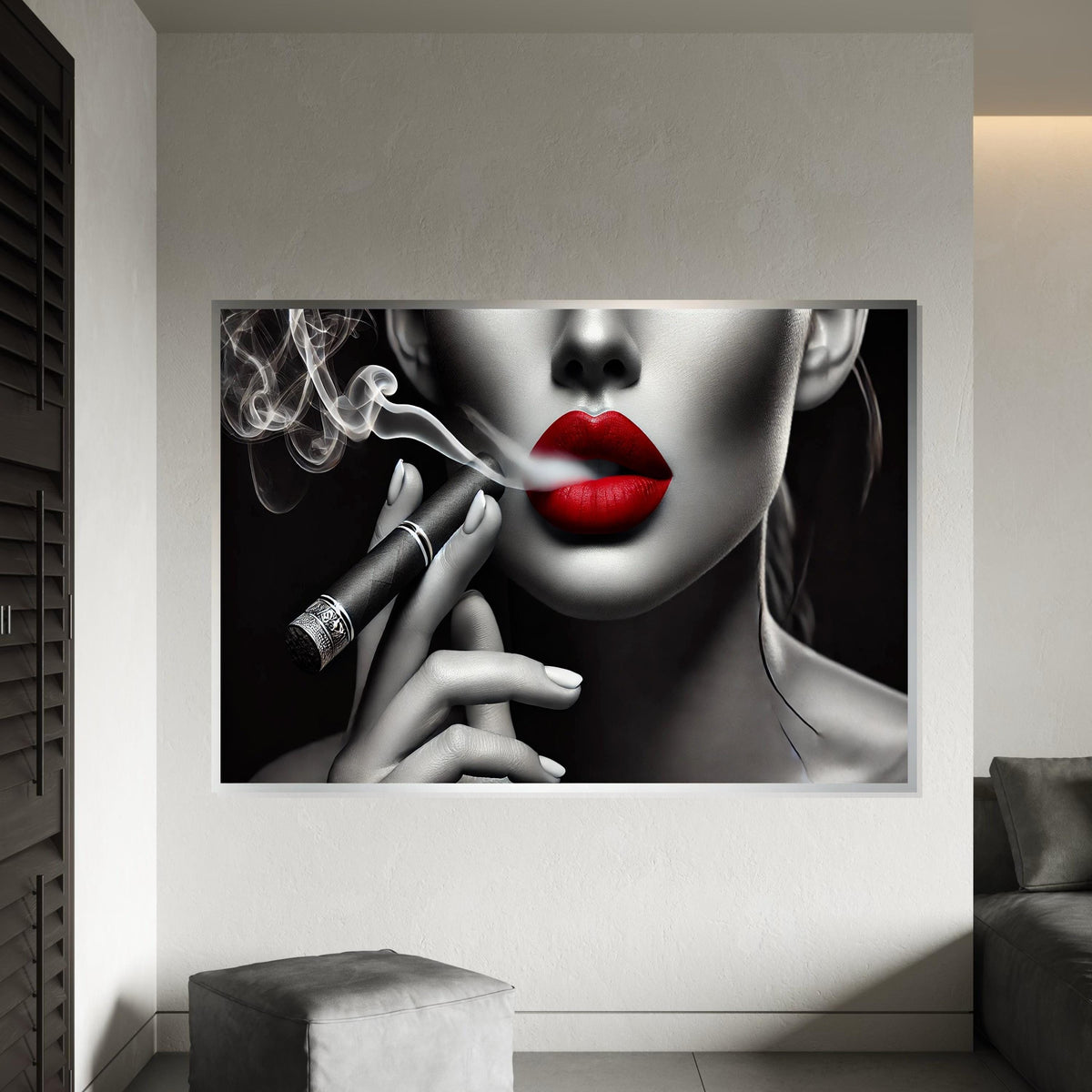 Red Lips Smoking Cigar Canvas, Stylish Portrait Art, Monochrome Red Lips, Wall Art Canvas Design, Ready To Hang Decoration