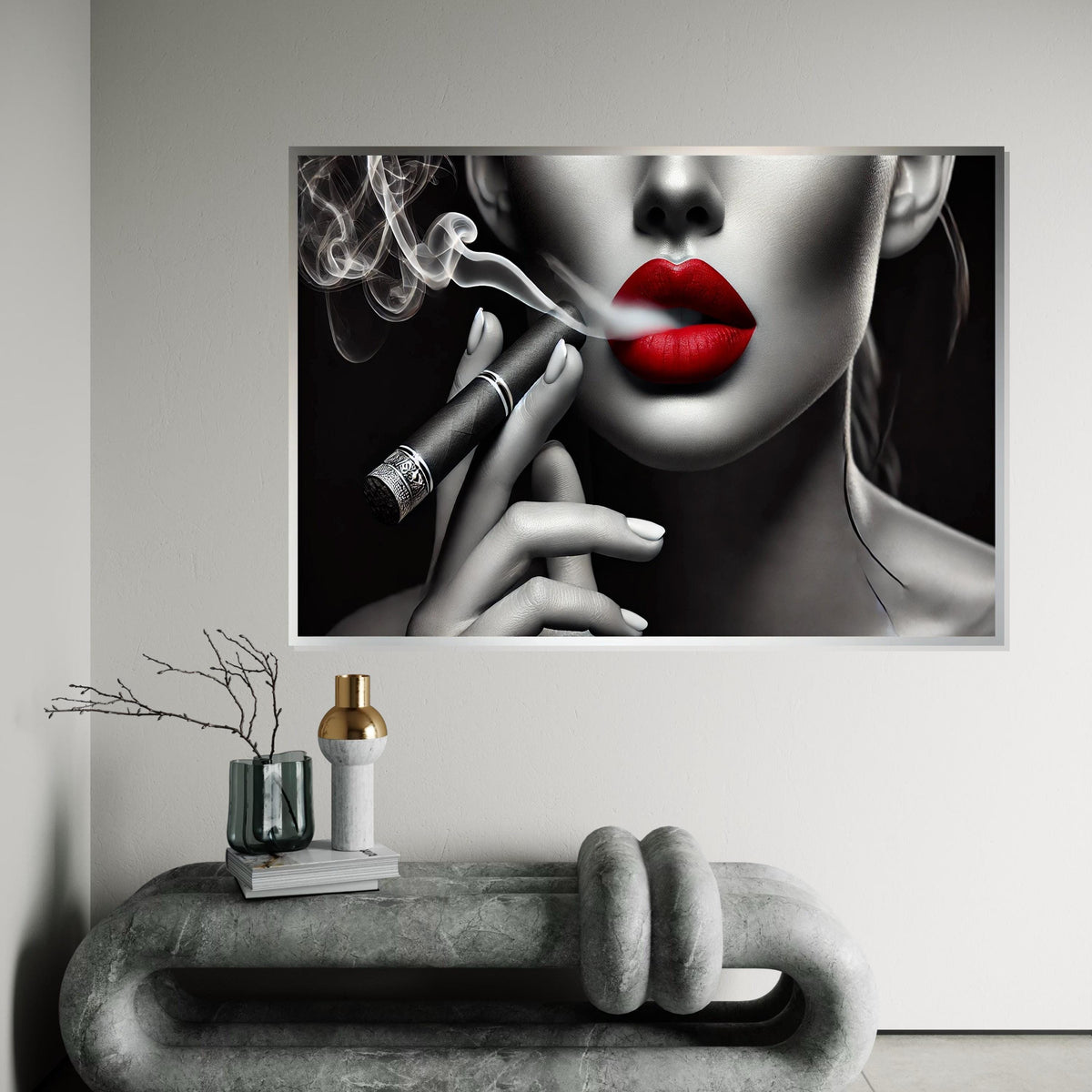 Red Lips Smoking Cigar Canvas, Stylish Portrait Art, Monochrome Red Lips, Wall Art Canvas Design, Ready To Hang Decoration