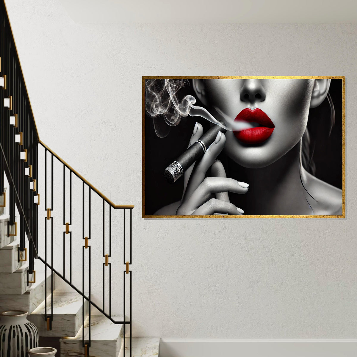 Red Lips Smoking Cigar Canvas, Stylish Portrait Art, Monochrome Red Lips, Wall Art Canvas Design, Ready To Hang Decoration