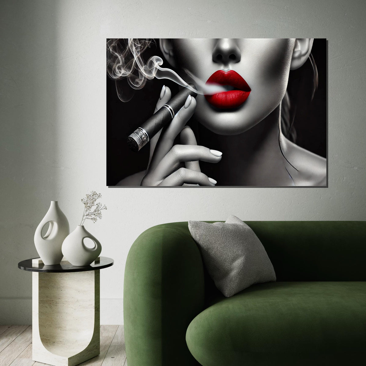 Red Lips Smoking Cigar Canvas, Stylish Portrait Art, Monochrome Red Lips, Wall Art Canvas Design, Ready To Hang Decoration