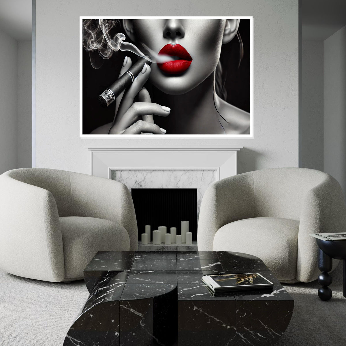 Red Lips Smoking Cigar Canvas, Stylish Portrait Art, Monochrome Red Lips, Wall Art Canvas Design, Ready To Hang Decoration