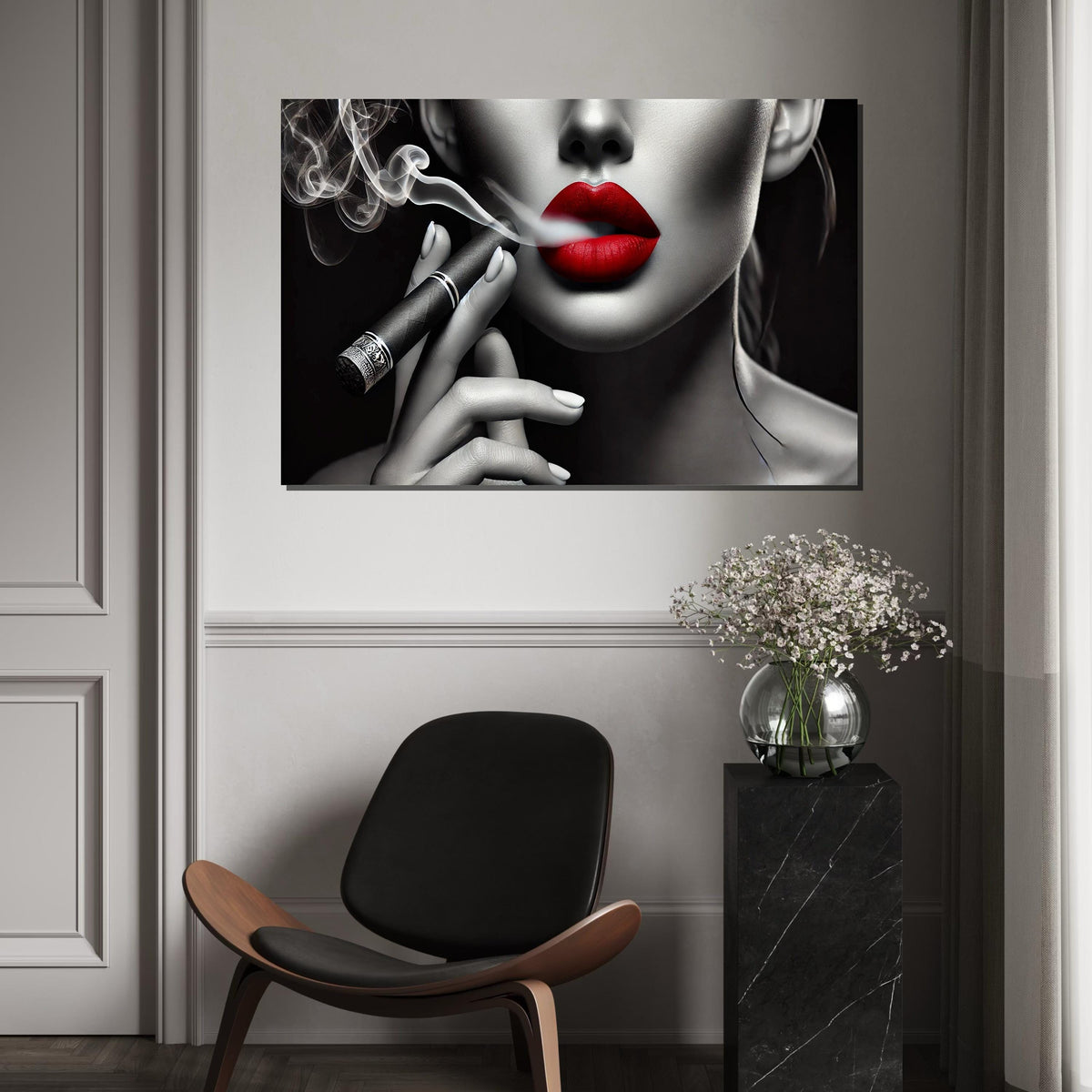 Red Lips Smoking Cigar Canvas, Stylish Portrait Art, Monochrome Red Lips, Wall Art Canvas Design, Ready To Hang Decoration