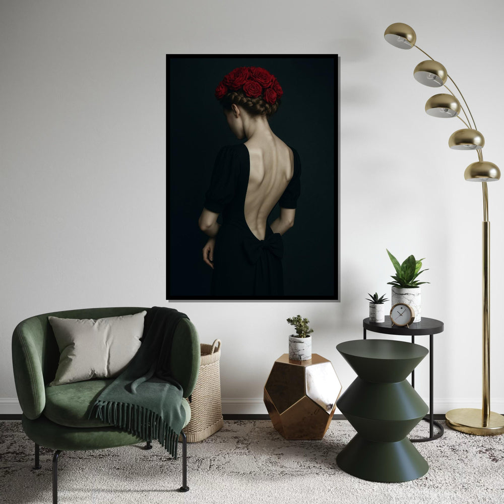 Red Roses Back, Elegant Woman Canvas, Floral Hair Art, Wall Art Canvas Design, Ready To Hang Decor, Portrait Canvas Print