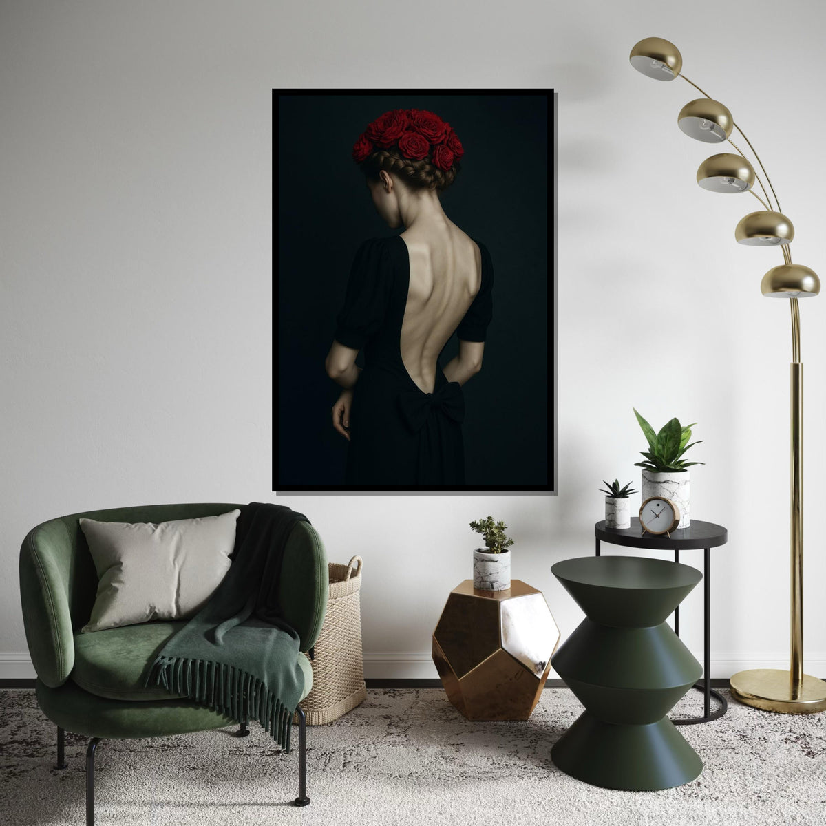 Red Roses Back, Elegant Woman Canvas, Floral Hair Art, Wall Art Canvas Design, Ready To Hang Decor, Portrait Canvas Print