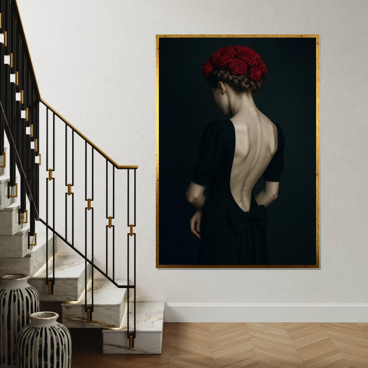 Red Roses Back, Elegant Woman Canvas, Floral Hair Art, Wall Art Canvas Design, Ready To Hang Decor, Portrait Canvas Print