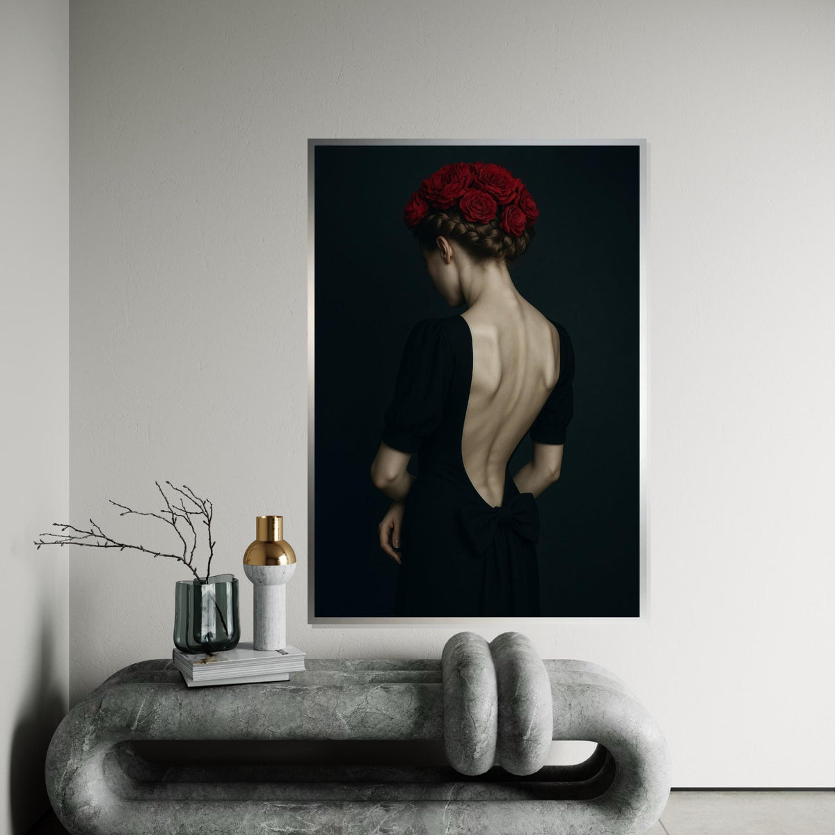 Red Roses Back, Elegant Woman Canvas, Floral Hair Art, Wall Art Canvas Design, Ready To Hang Decor, Portrait Canvas Print