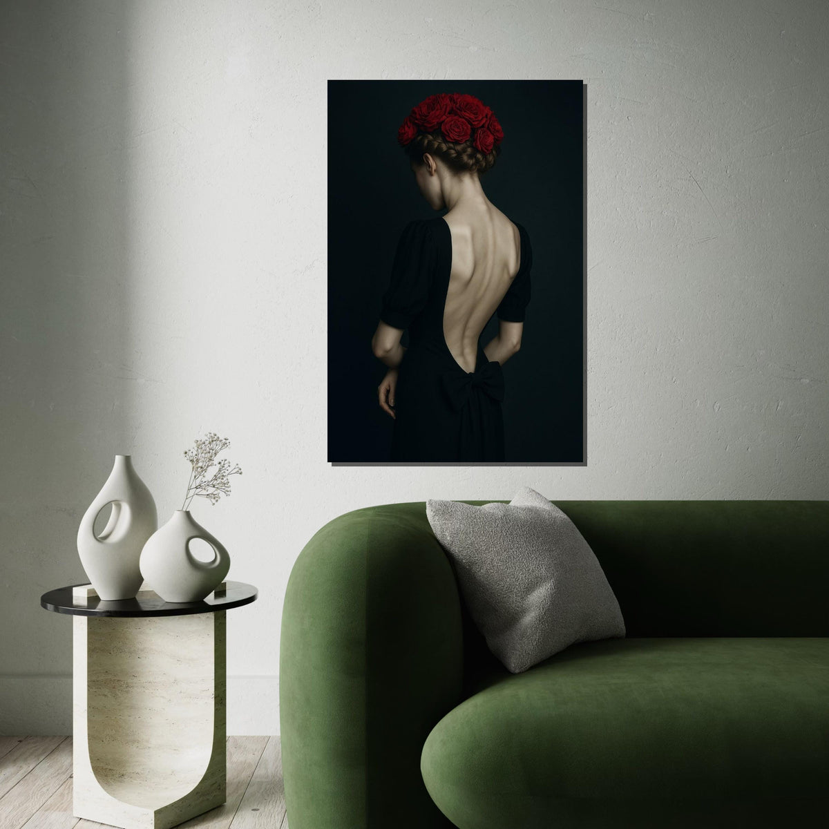 Red Roses Back, Elegant Woman Canvas, Floral Hair Art, Wall Art Canvas Design, Ready To Hang Decor, Portrait Canvas Print